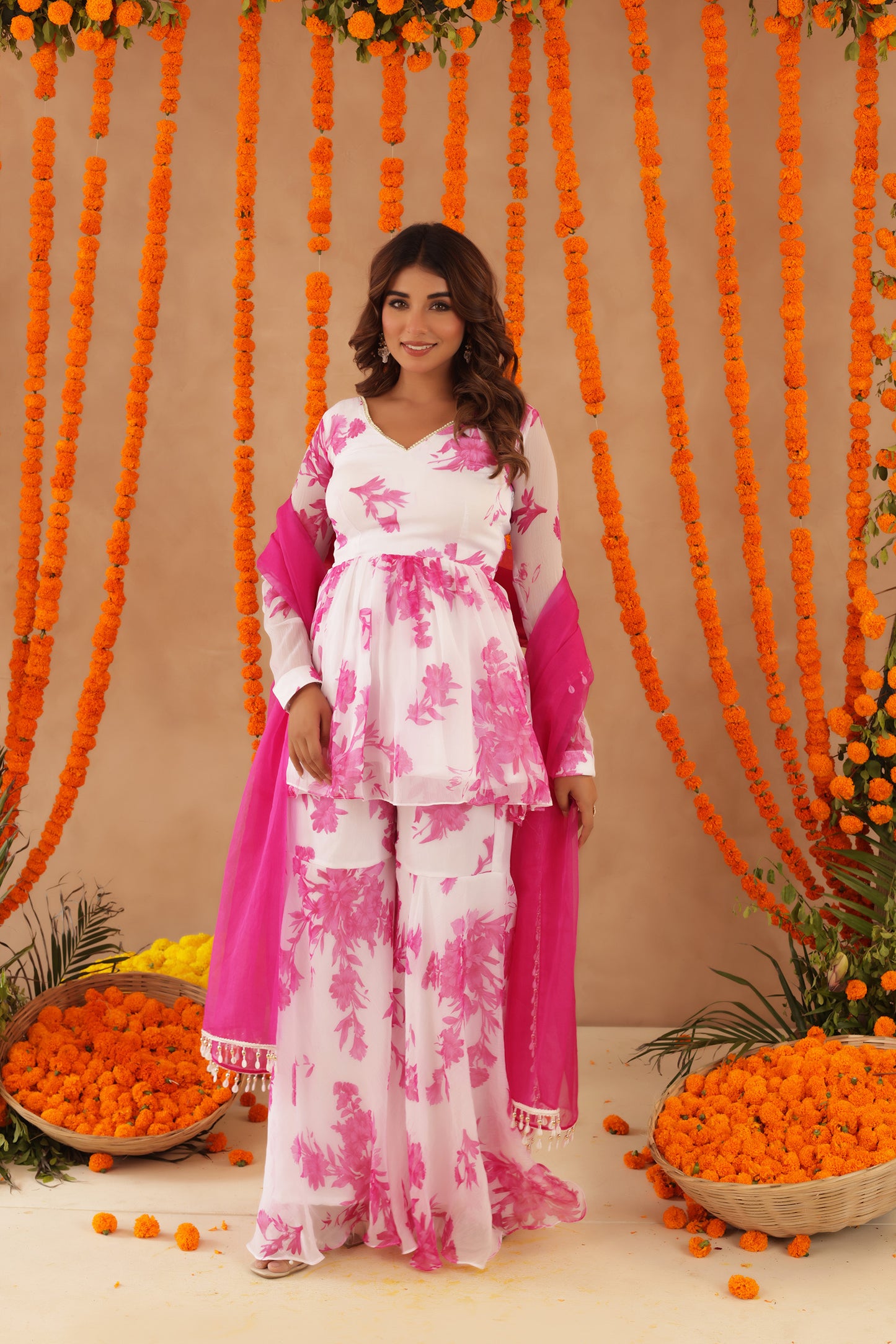 TRISHA WHITE PINK FLORAL SHARARA SET
