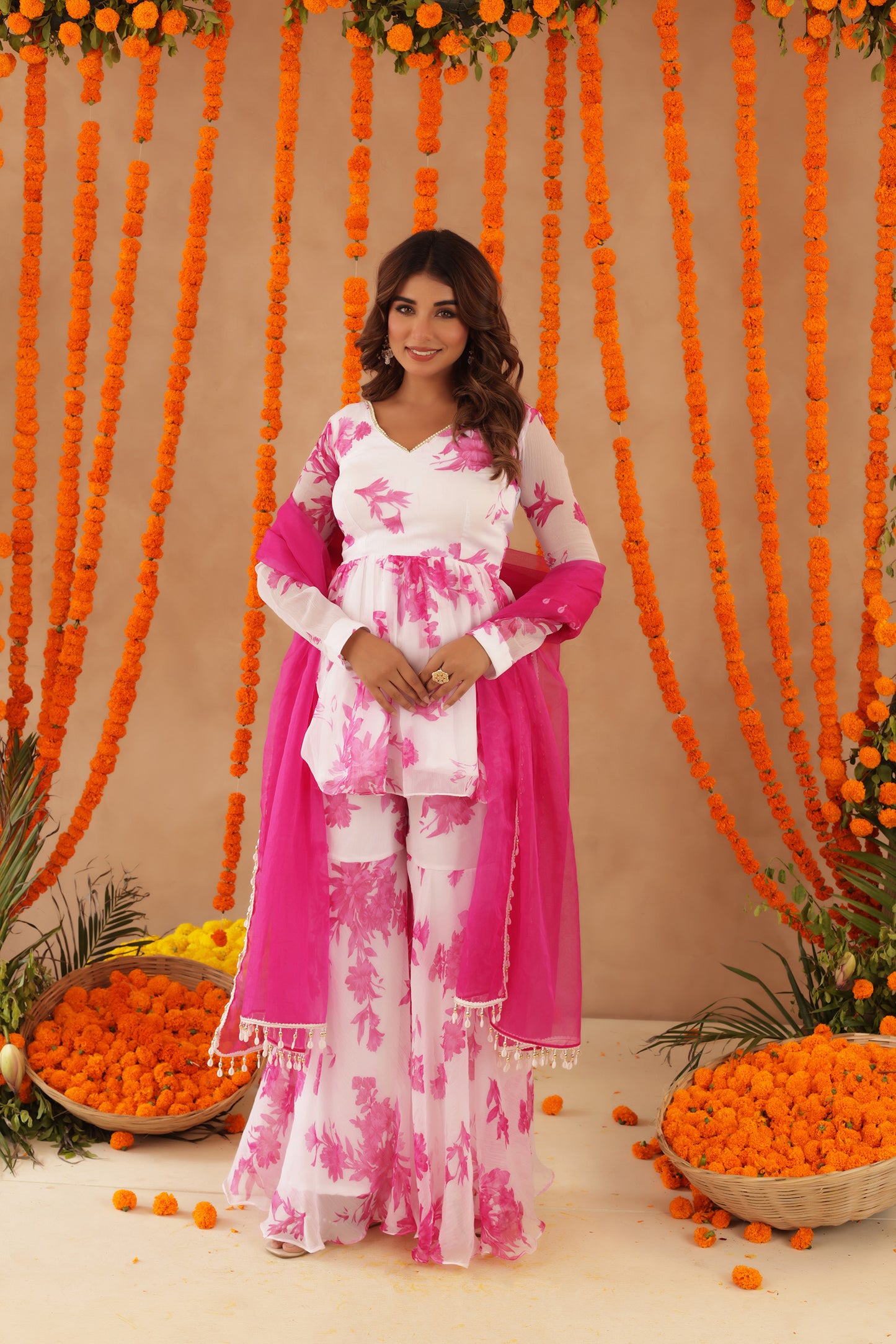TRISHA WHITE PINK FLORAL SHARARA SET