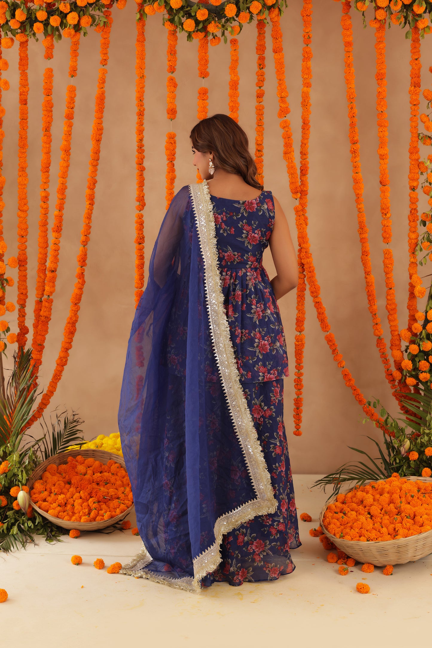 ZEISHA NAVY BLUE FLORAL SHARARA SET