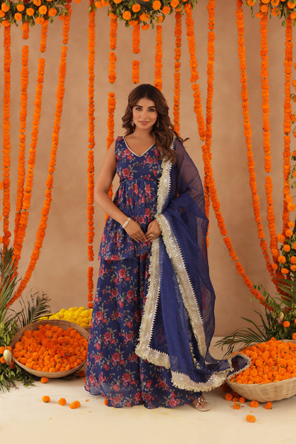 ZEISHA NAVY BLUE FLORAL SHARARA SET