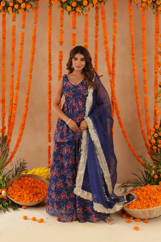 ZEISHA NAVY BLUE FLORAL SHARARA SET