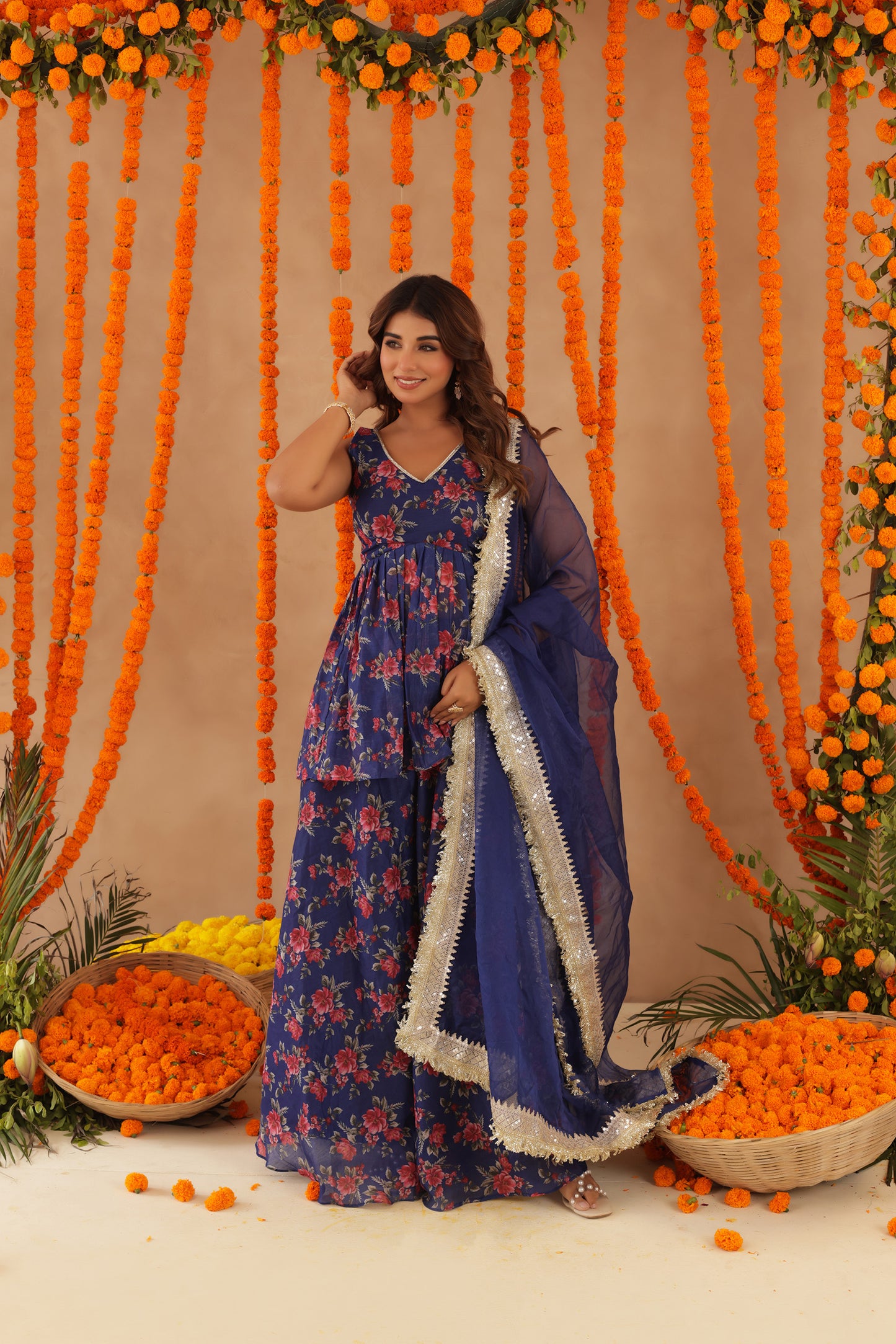 ZEISHA NAVY BLUE FLORAL SHARARA SET