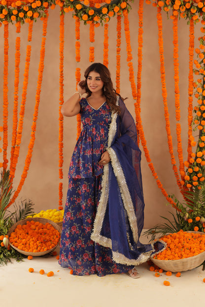 ZEISHA NAVY BLUE FLORAL SHARARA SET