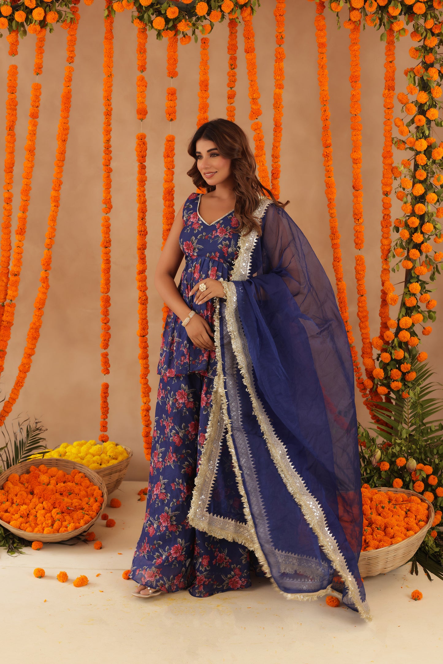 ZEISHA NAVY BLUE FLORAL SHARARA SET