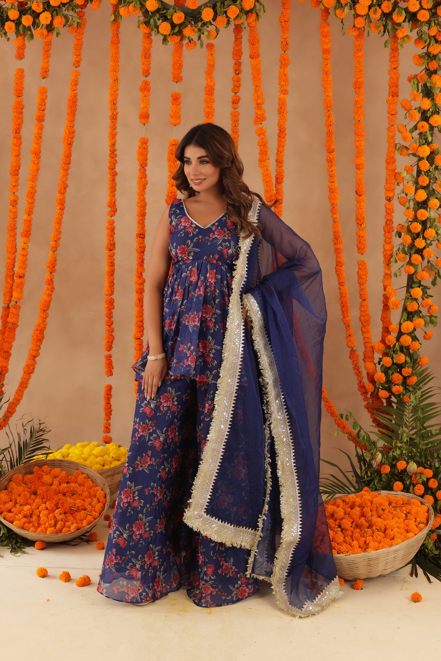ZEISHA NAVY BLUE FLORAL SHARARA SET
