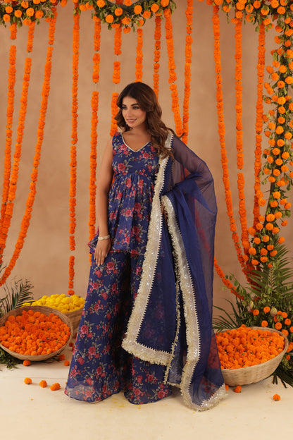 ZEISHA NAVY BLUE FLORAL SHARARA SET