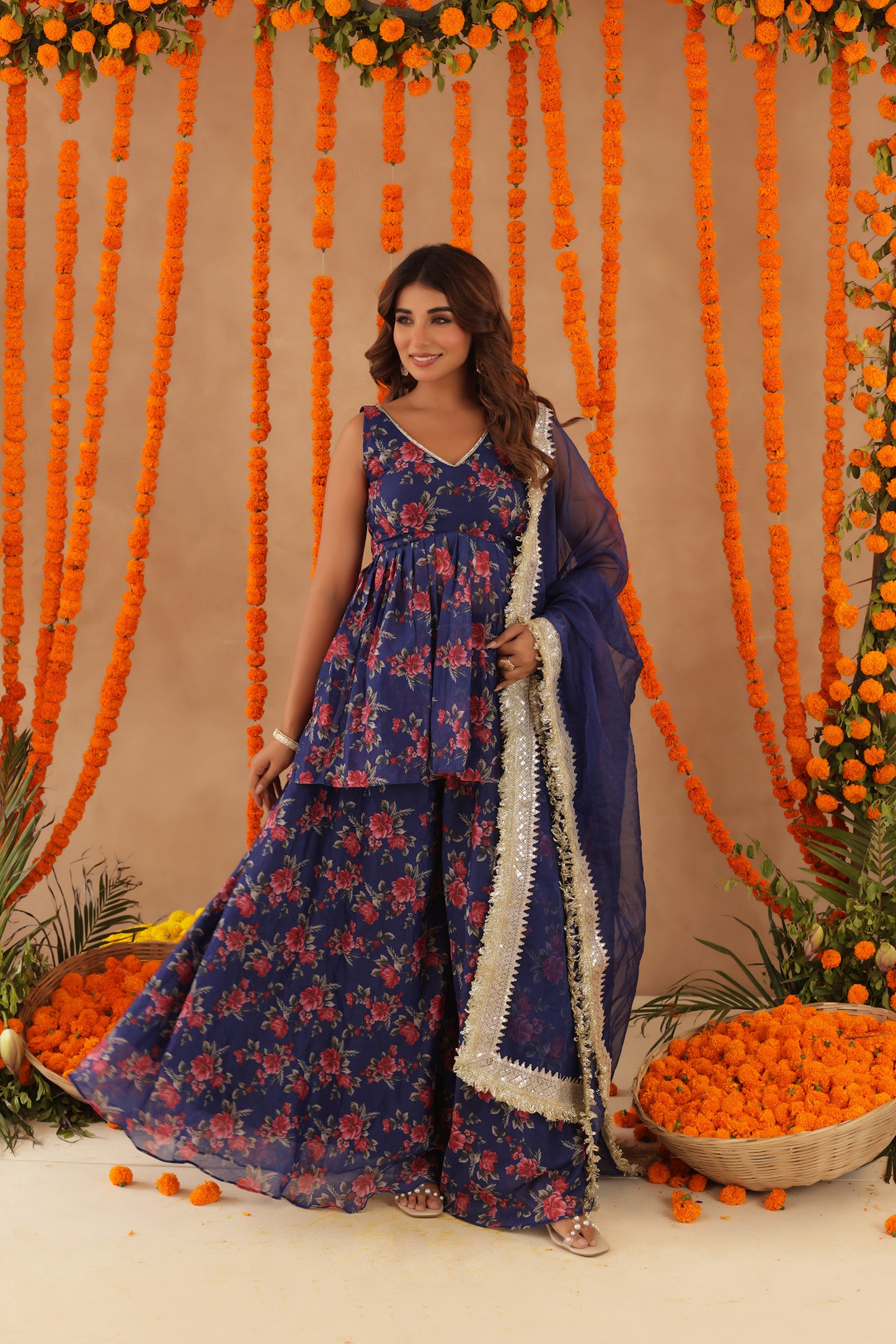 ZEISHA NAVY BLUE FLORAL SHARARA SET