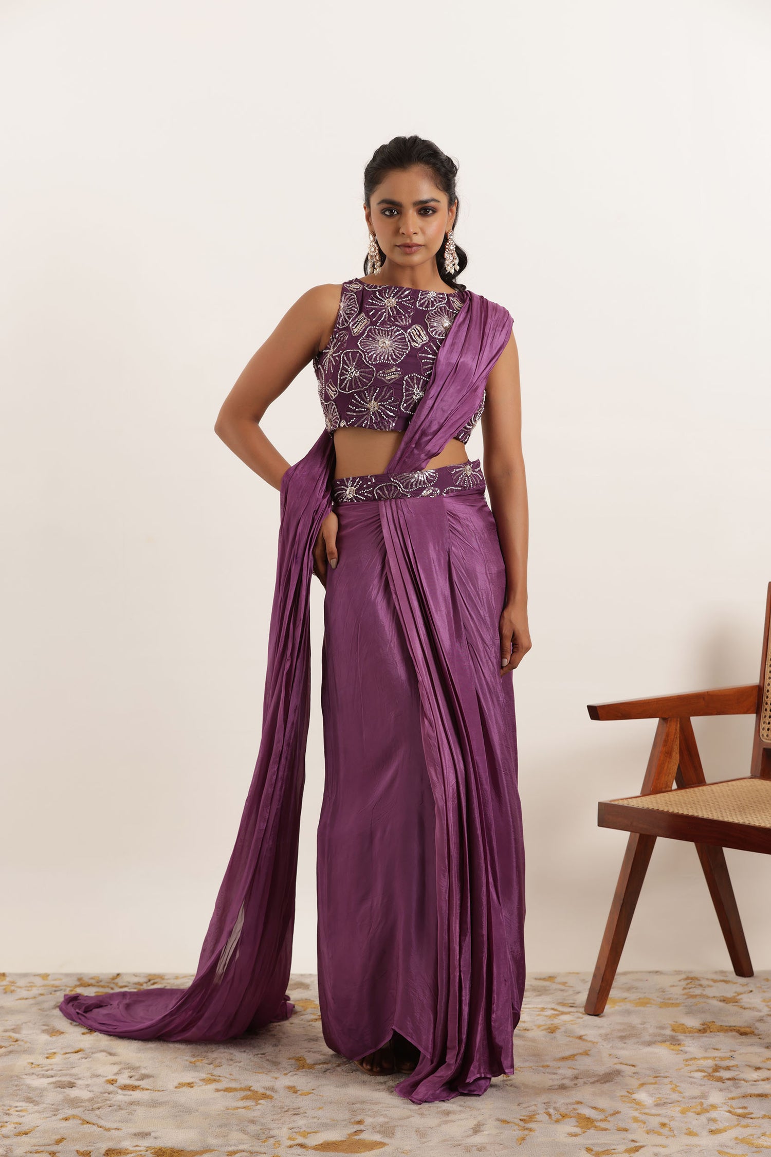 NISHAAT REGAL PURPLE SILK PRE DRAPED SAREE Deasha India