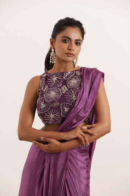 NISHAAT REGAL PURPLE SILK PRE DRAPED SAREE