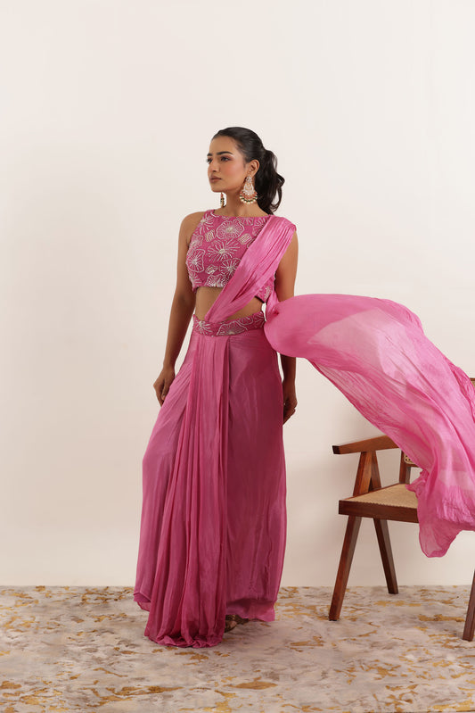 NAZAH MAUVE PINK PURE SILK PRE DRAPED SAREE