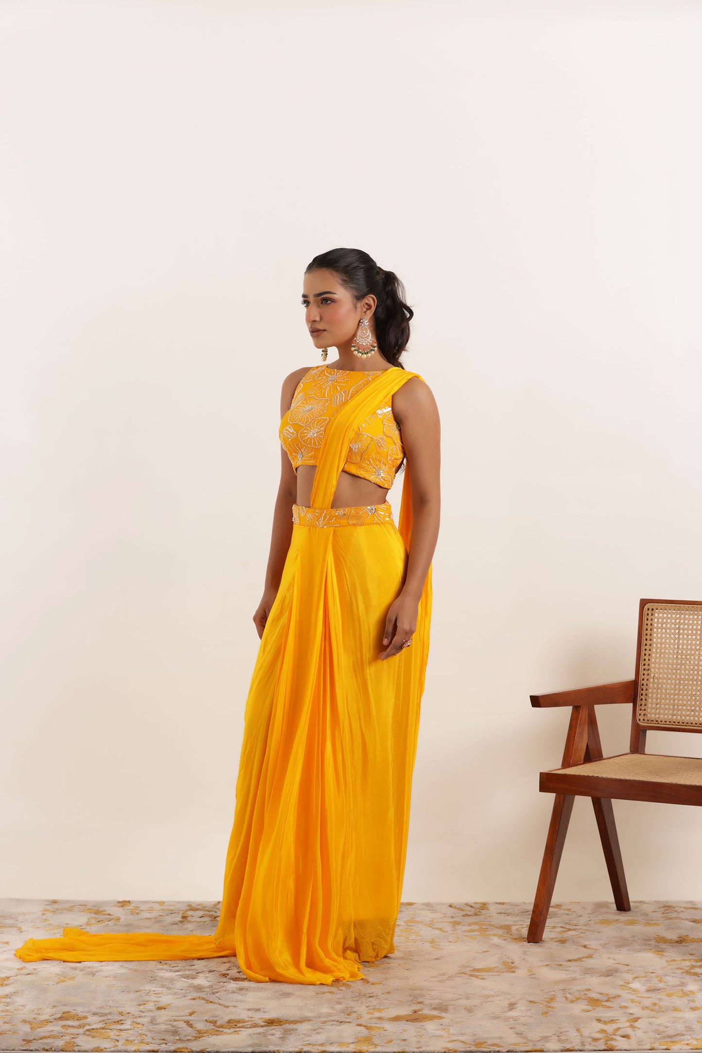 NIARA YELLOW PURE SILK PRE DRAPED SAREE Deasha India