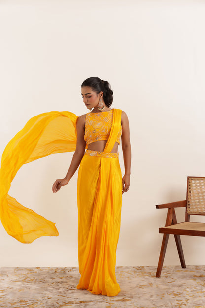 NIARA YELLOW PURE SILK PRE DRAPED SAREE Deasha India