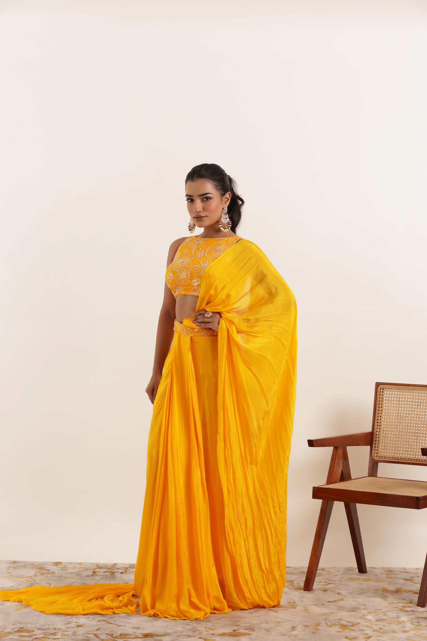 NIARA YELLOW PURE SILK PRE DRAPED SAREE Deasha India