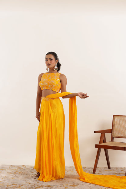 NIARA YELLOW PURE SILK PRE DRAPED SAREE Deasha India