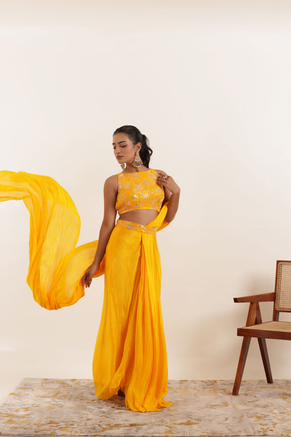 NIARA YELLOW PURE SILK PRE DRAPED SAREE Deasha India