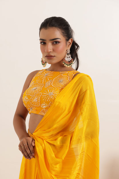 NIARA YELLOW PURE SILK PRE DRAPED SAREE Deasha India