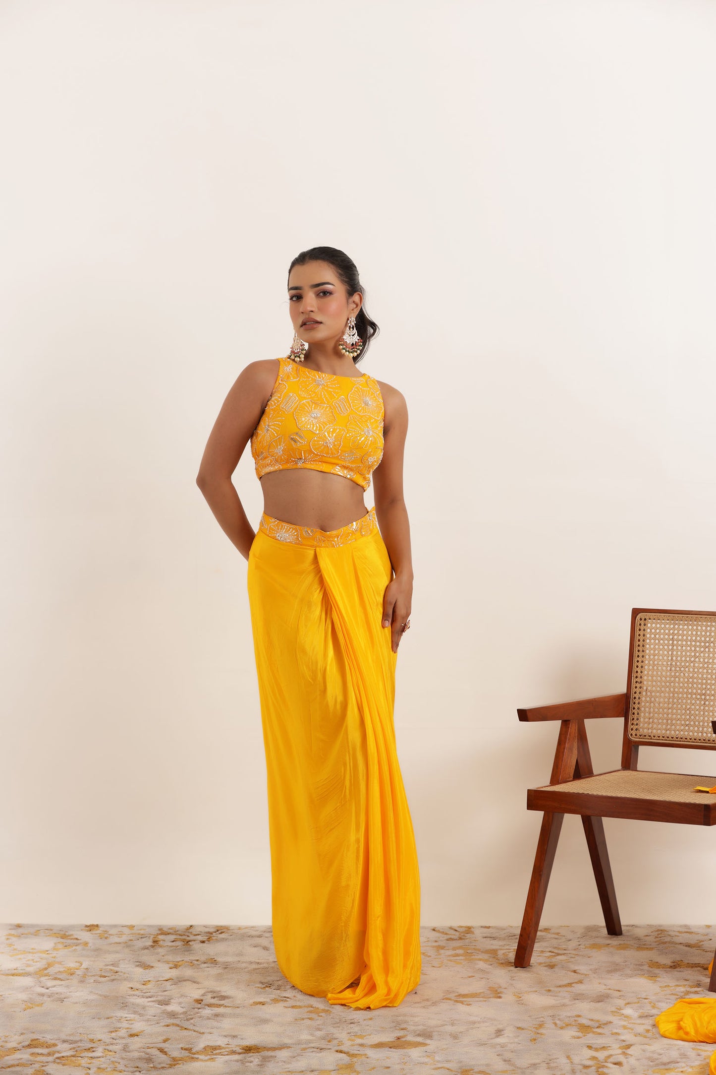 NIARA YELLOW PURE SILK PRE DRAPED SAREE Deasha India