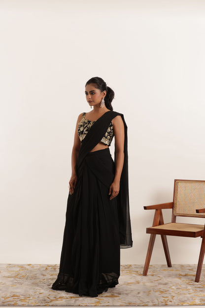 SANIKA BLACK PRE DRAPED RUFFLE SAREE