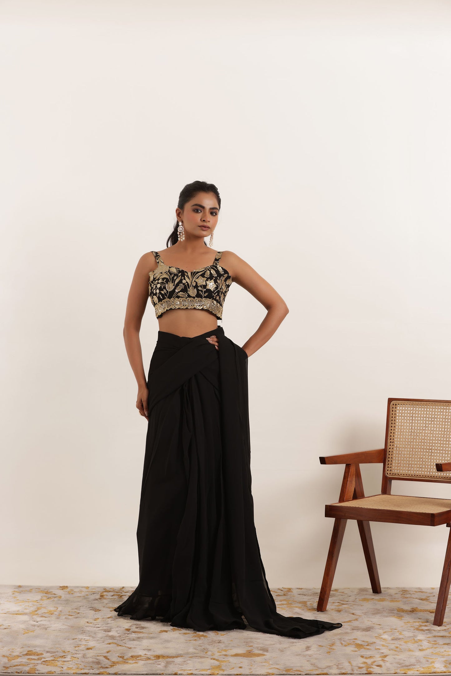 SANIKA BLACK PRE DRAPED RUFFLE SAREE