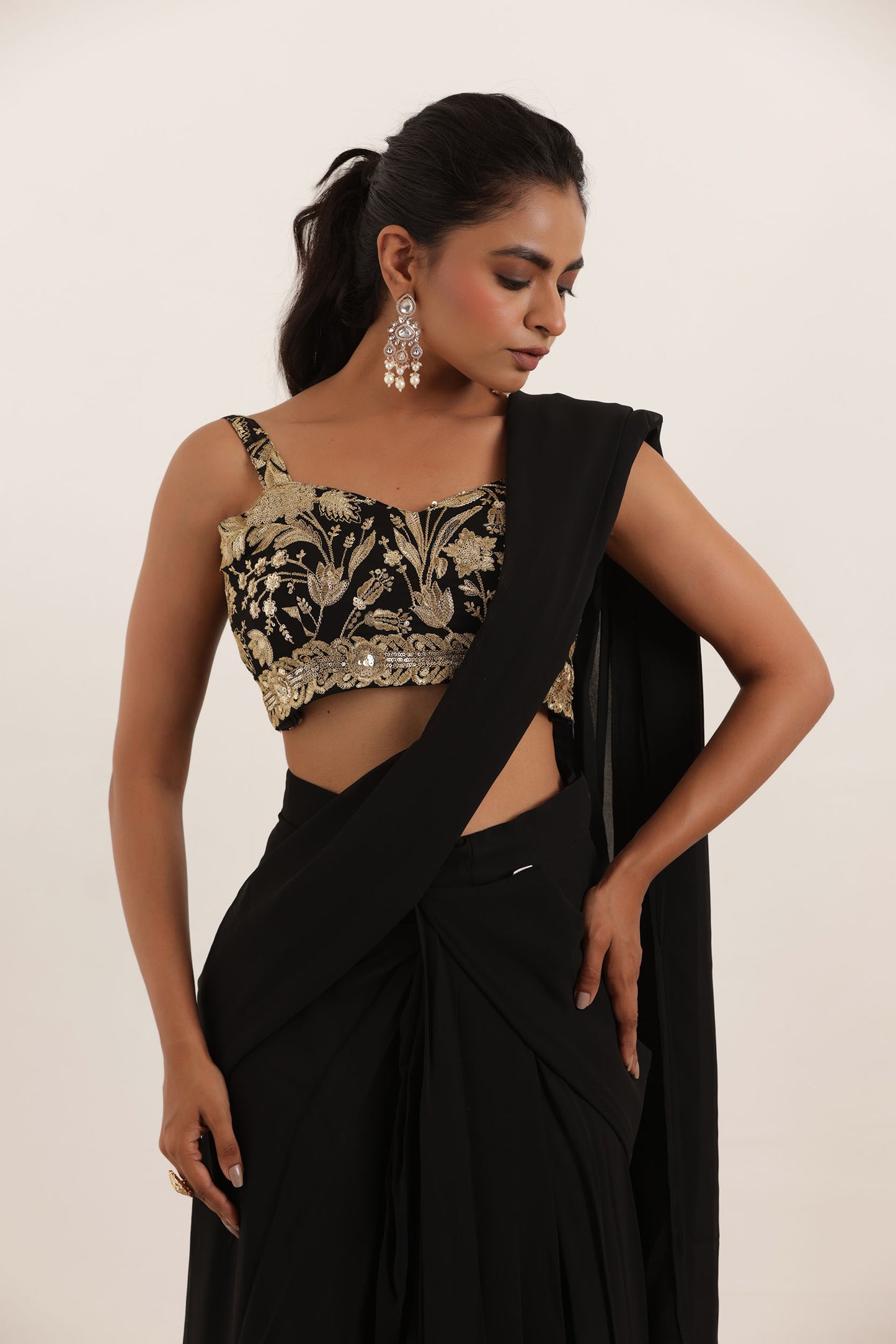 SANIKA BLACK PRE DRAPED RUFFLE SAREE