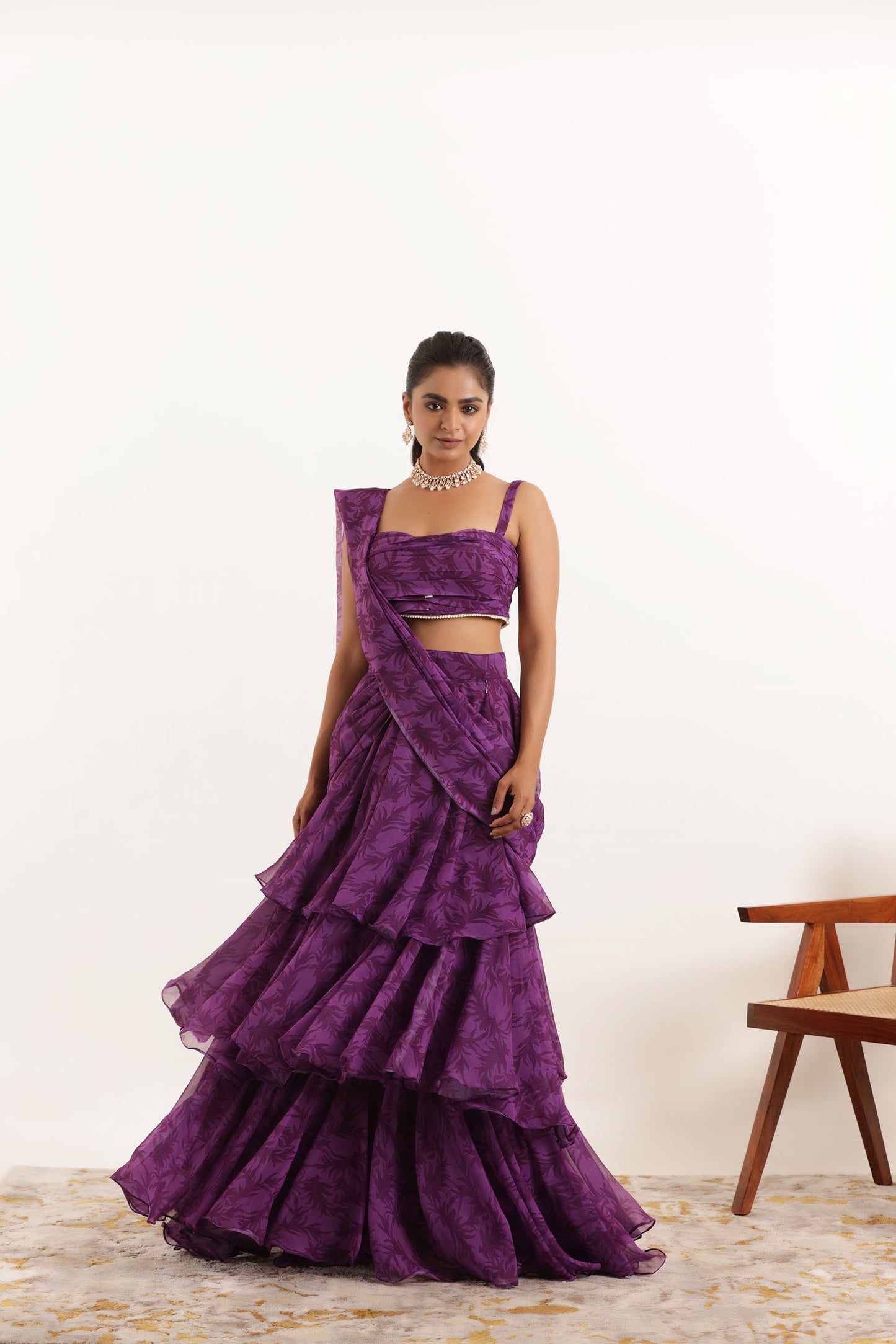 AALIA PURPLE FLORAL PRINTED RUFFLE PRE DRAPED SAREE