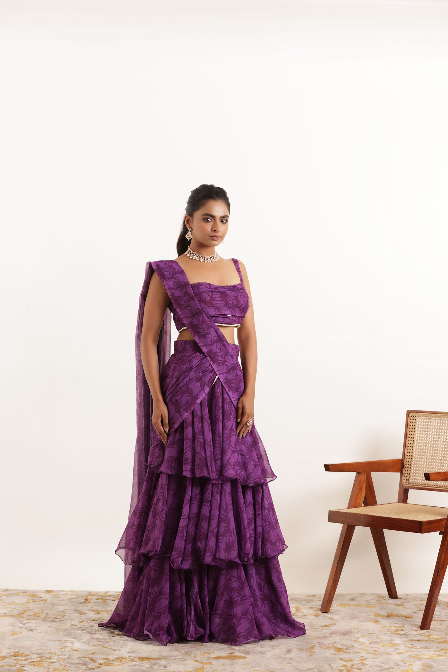 AALIA PURPLE FLORAL PRINTED RUFFLE PRE DRAPED SAREE