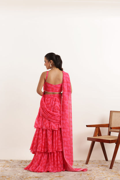 ANVI PINK FLORAL PRINTED RUFFLE PRE DRPAED SAREE