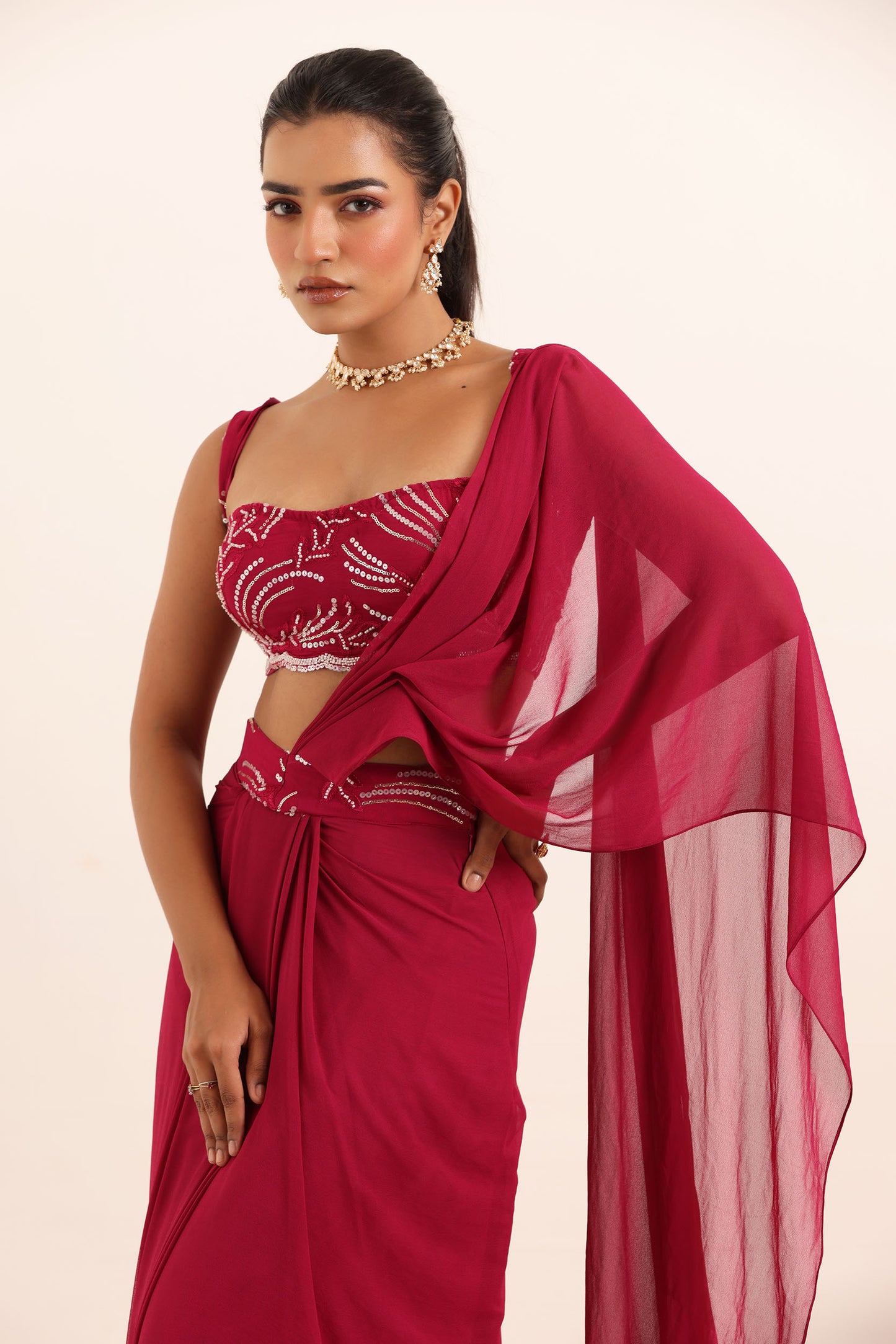 ALINA CHERRY PINK PRE DRAPED SAREE