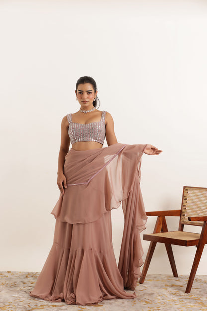 AMEERA MAUVE CHIKU RUFFLE PRE DRAPED LEHENGA SAREE SET