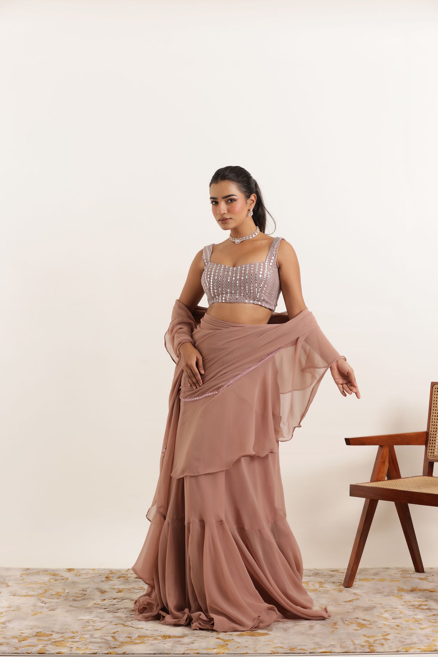 AMEERA MAUVE CHIKU RUFFLE PRE DRAPED LEHENGA SAREE SET