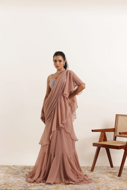 AMEERA MAUVE CHIKU RUFFLE PRE DRAPED LEHENGA SAREE SET