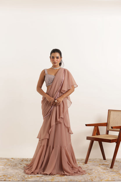 AMEERA MAUVE CHIKU RUFFLE PRE DRAPED LEHENGA SAREE SET