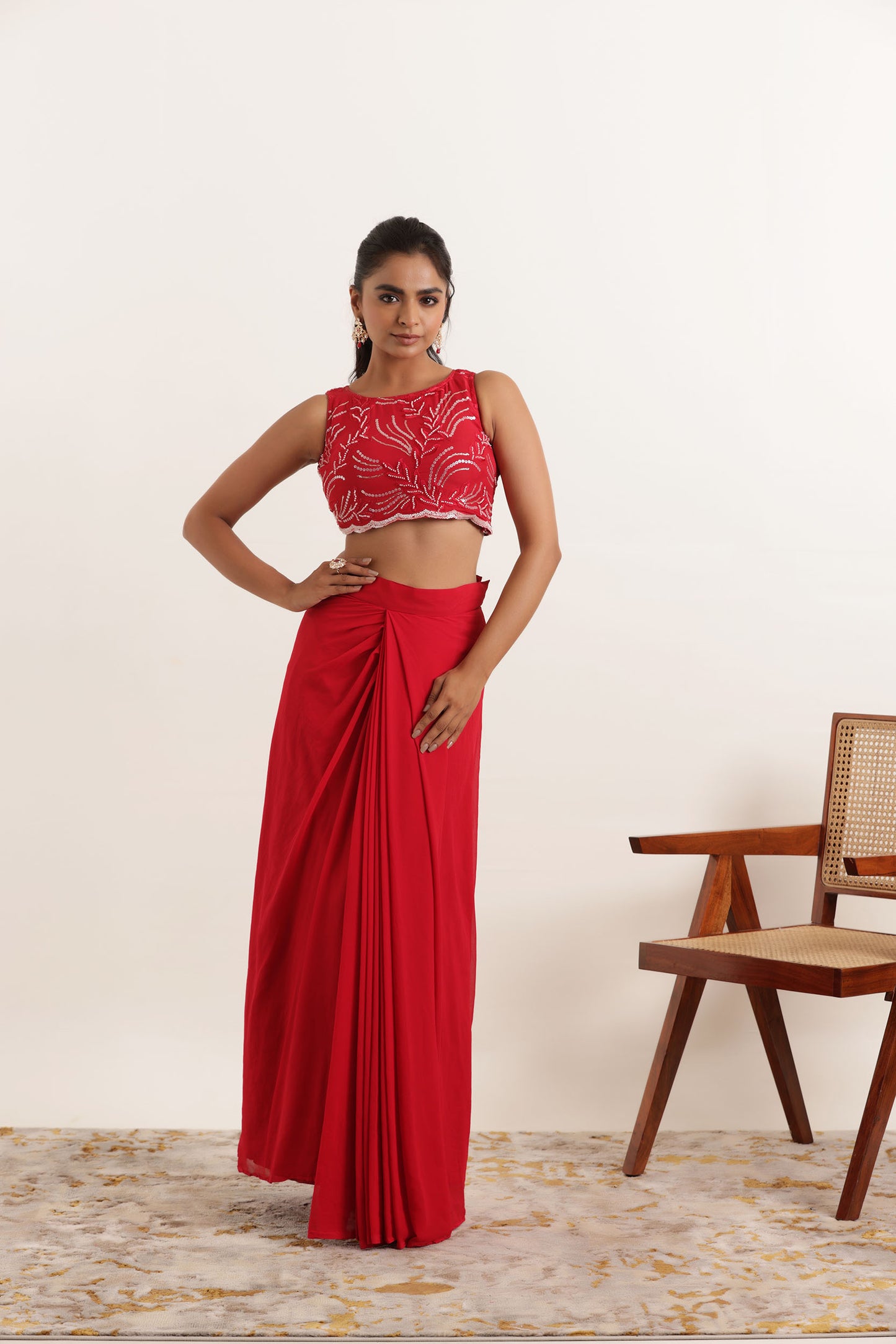 ARIA CHERRY RED PRE DRAPED SAREE