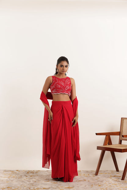 ARIA CHERRY RED PRE DRAPED SAREE