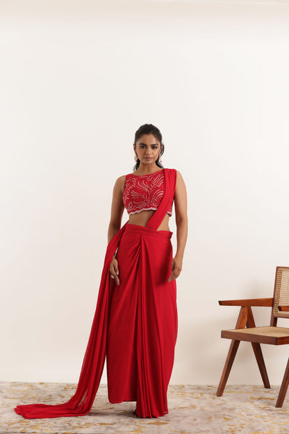 ARIA CHERRY RED PRE DRAPED SAREE