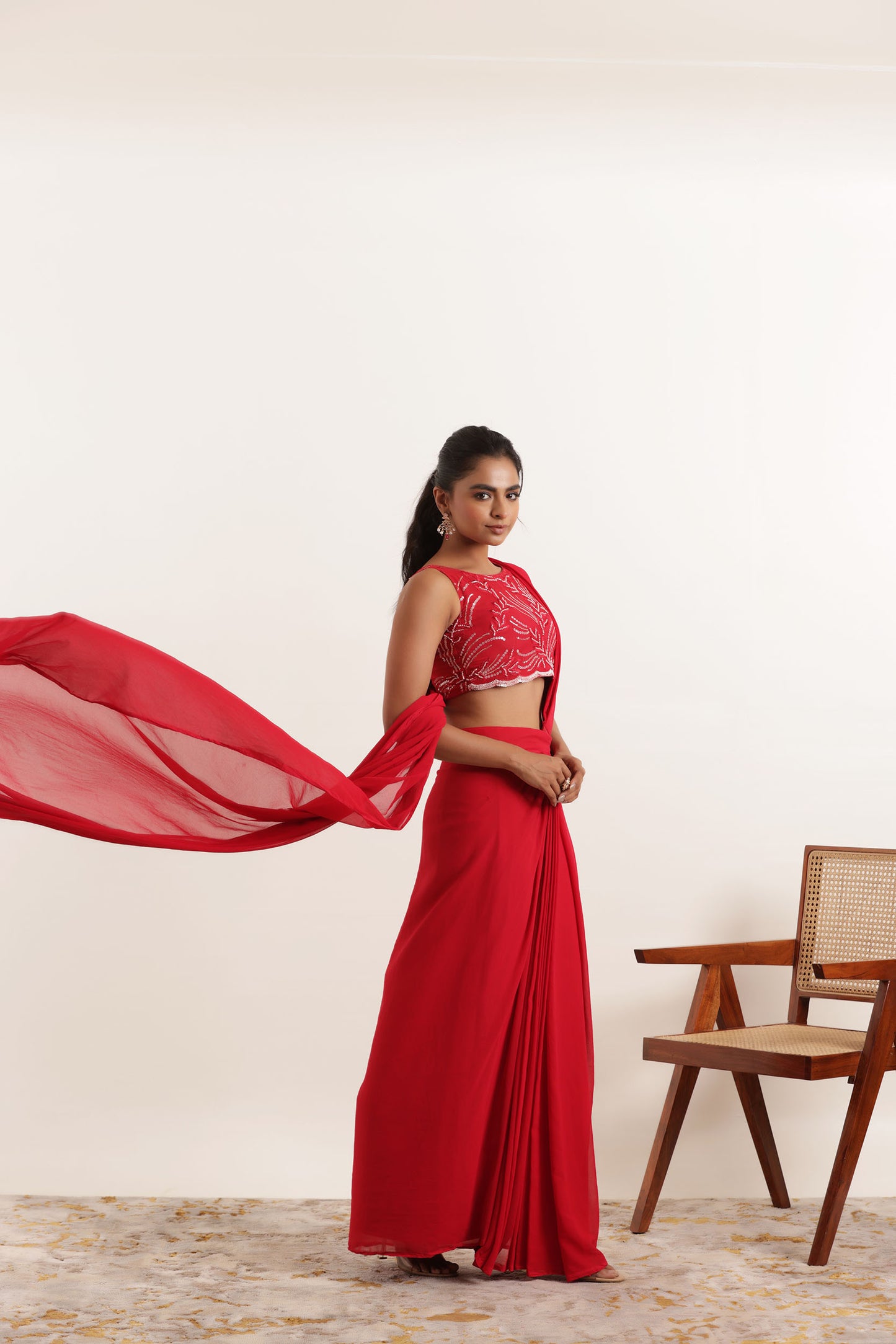 ARIA CHERRY RED PRE DRAPED SAREE