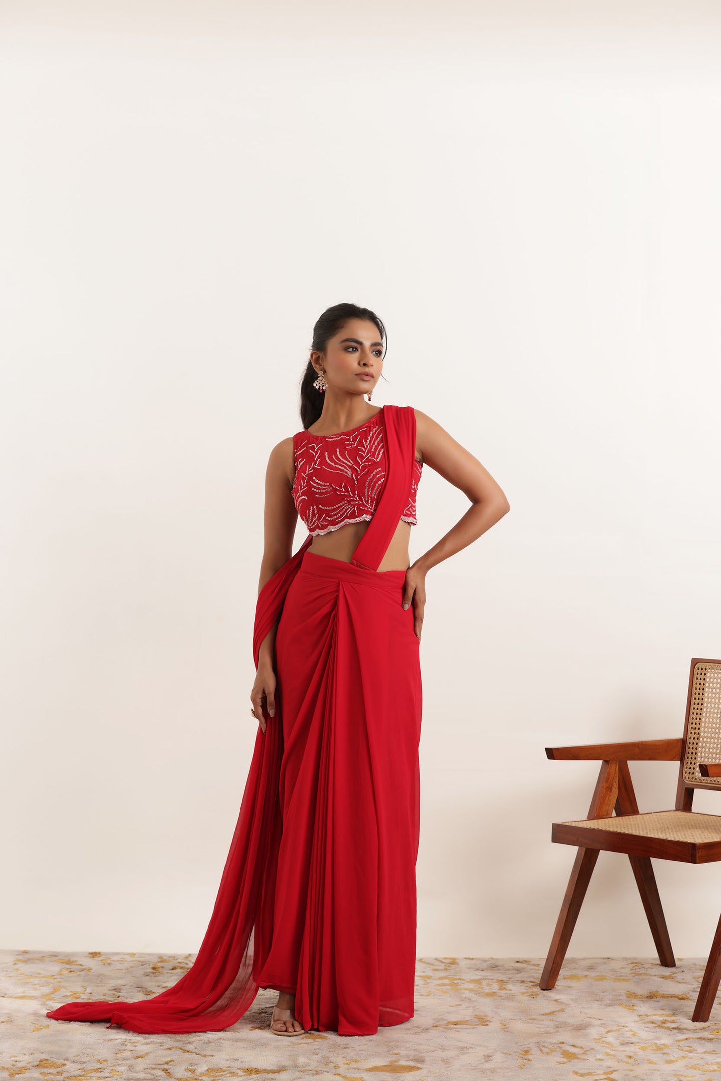 ARIA CHERRY RED PRE DRAPED SAREE