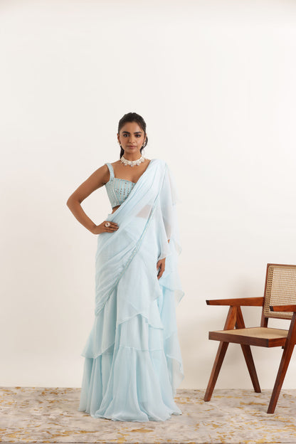 ANOUSHKA POWDER BLUE RUFFLE LEHENGA SAREE