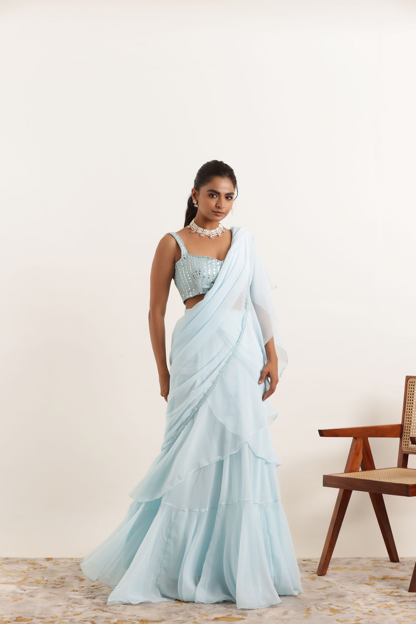 ANOUSHKA POWDER BLUE RUFFLE LEHENGA SAREE