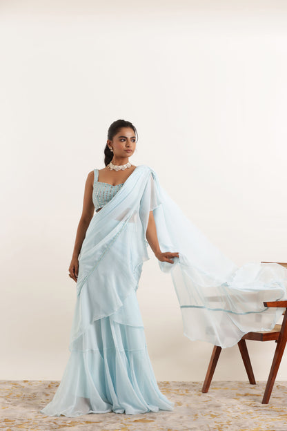 ANOUSHKA POWDER BLUE RUFFLE LEHENGA SAREE