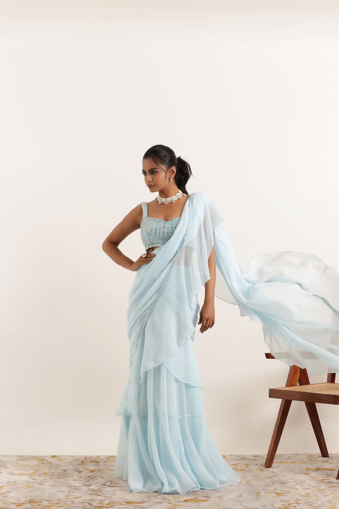 ANOUSHKA POWDER BLUE RUFFLE LEHENGA SAREE