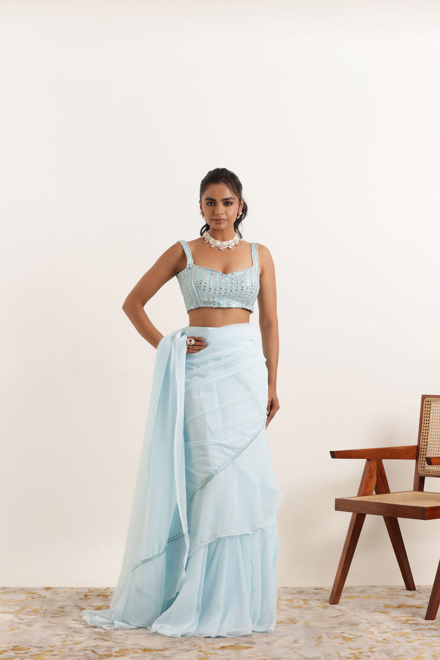 ANOUSHKA POWDER BLUE RUFFLE LEHENGA SAREE