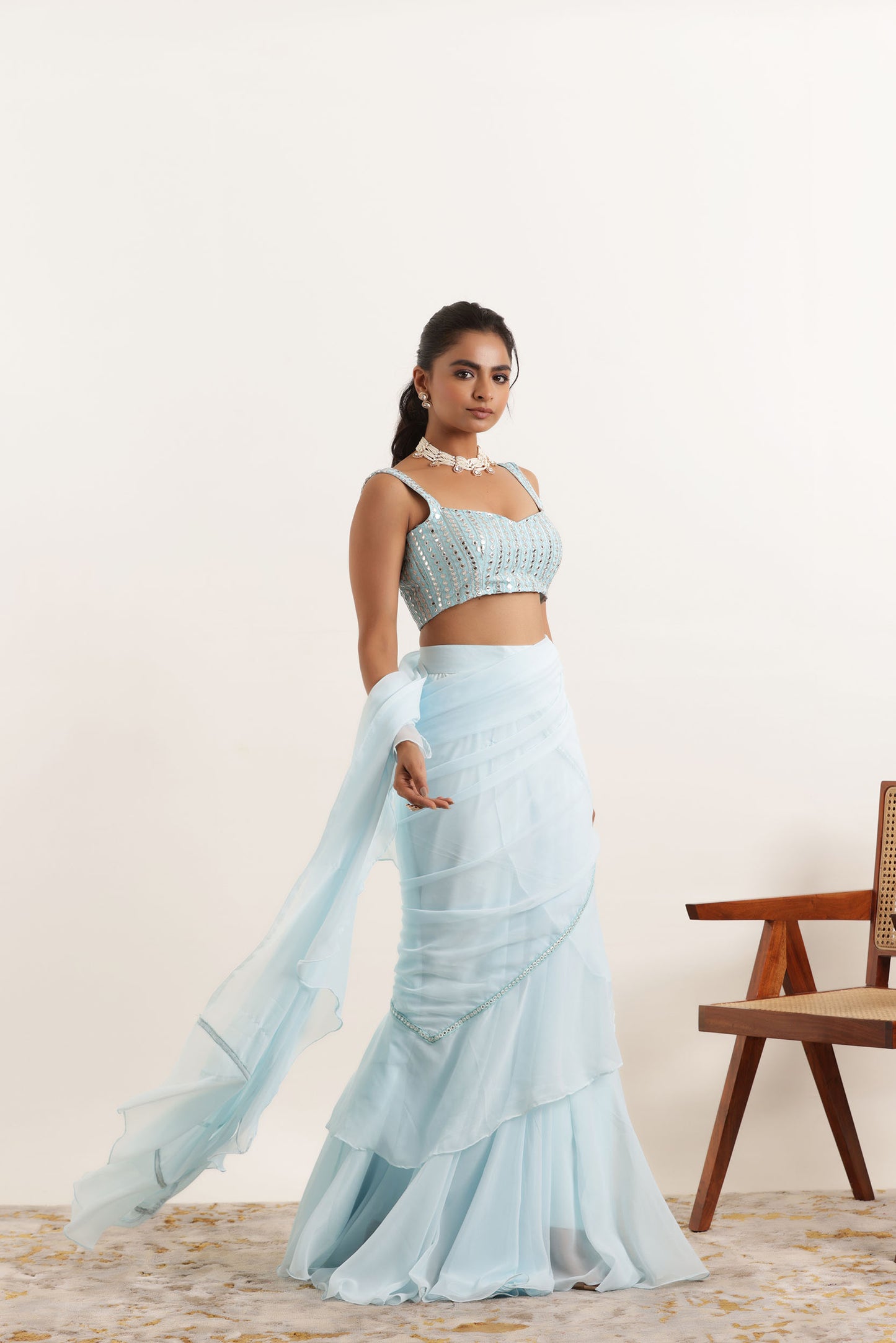 ANOUSHKA POWDER BLUE RUFFLE LEHENGA SAREE