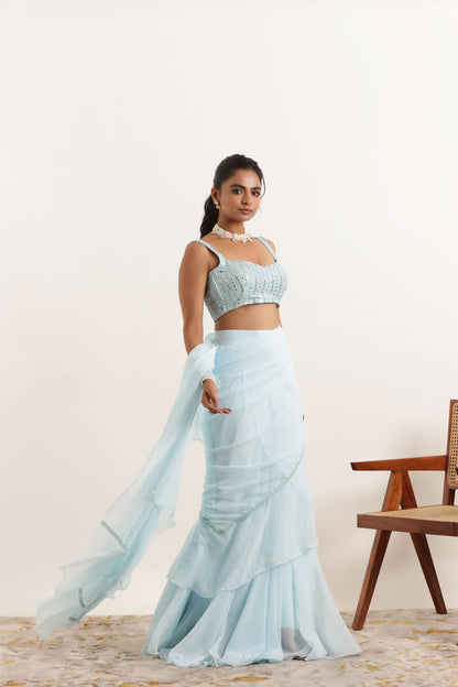 ANOUSHKA POWDER BLUE RUFFLE LEHENGA SAREE