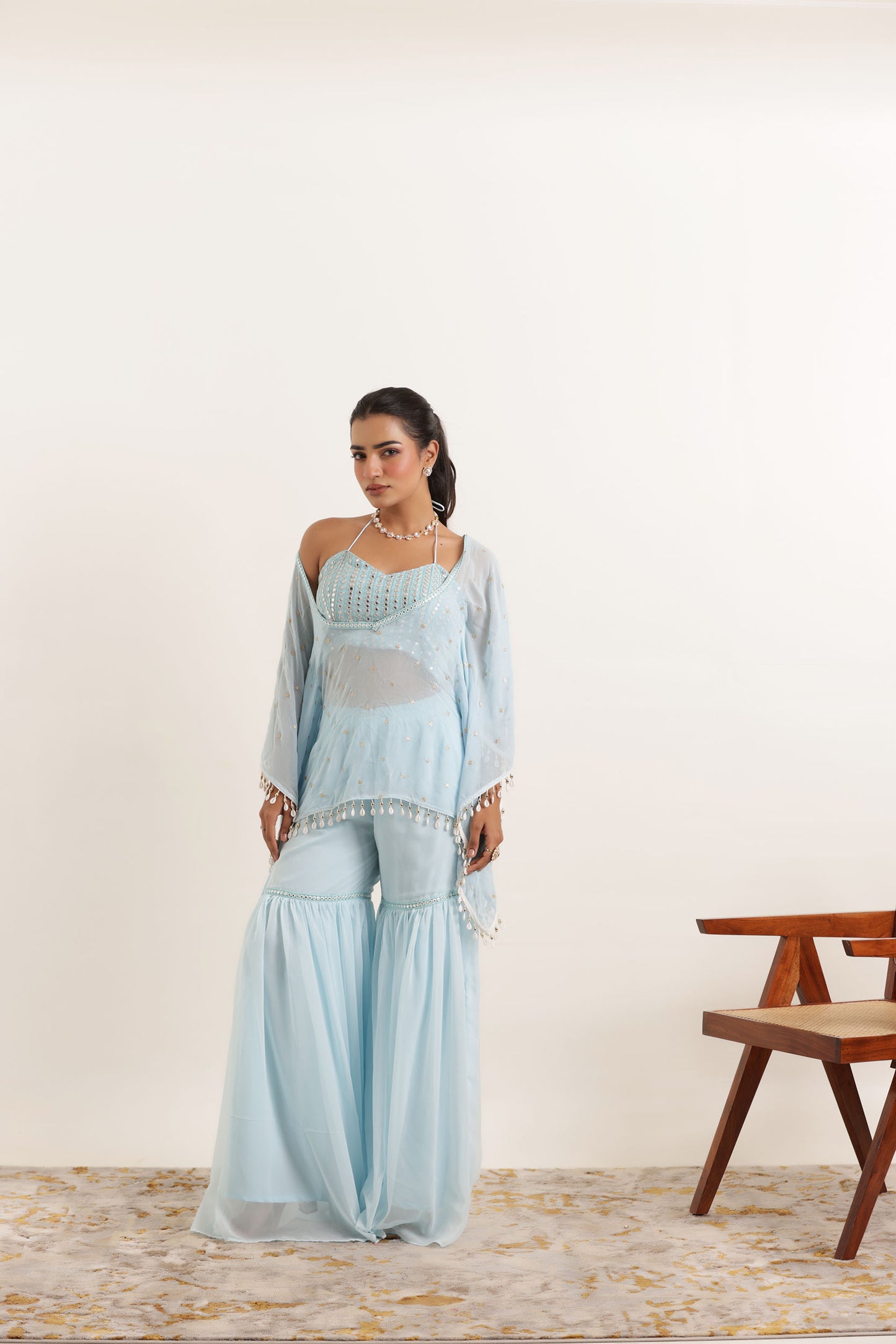 ARYA POWDER BLUE KAFTAN SHARARA FUSION SET