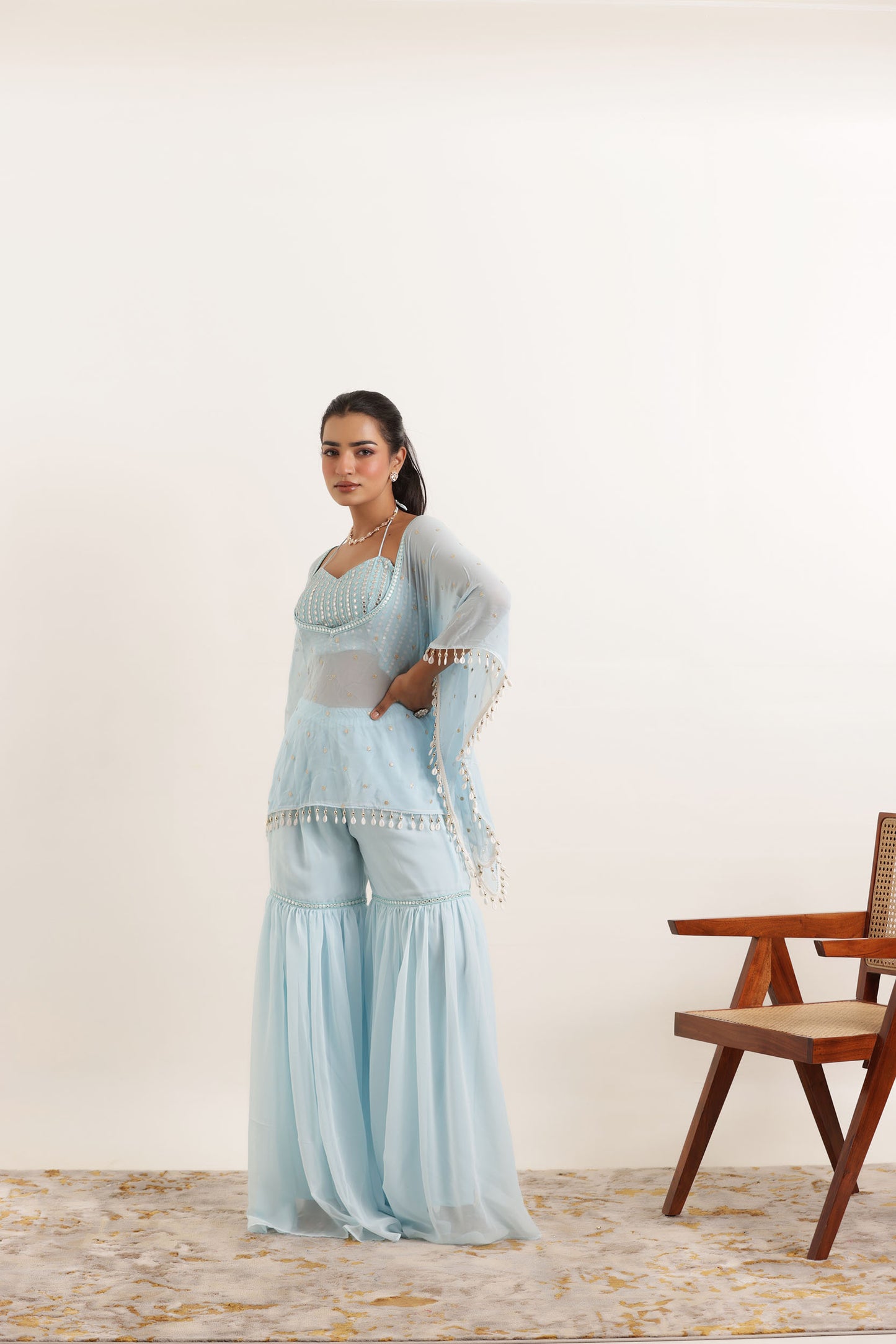 ARYA POWDER BLUE KAFTAN SHARARA FUSION SET