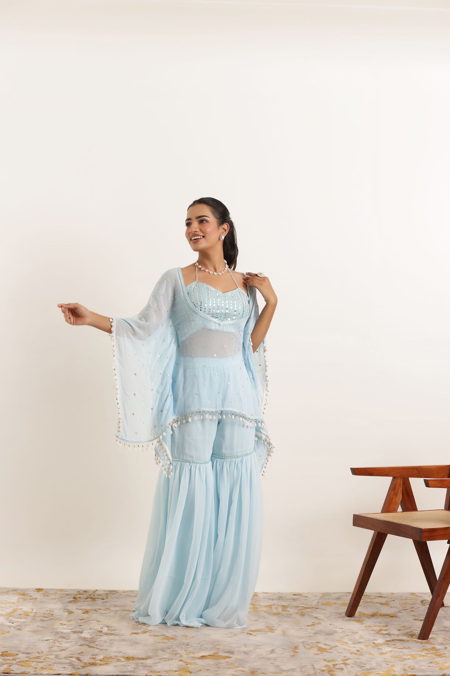 ARYA POWDER BLUE KAFTAN SHARARA FUSION SET