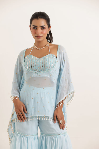 ARYA POWDER BLUE KAFTAN SHARARA FUSION SET