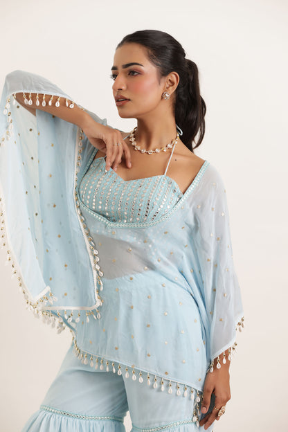 ARYA POWDER BLUE KAFTAN SHARARA FUSION SET