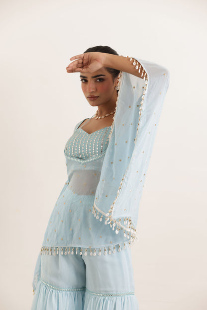 ARYA POWDER BLUE KAFTAN SHARARA FUSION SET